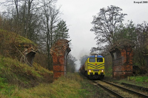 15.11.2008 Laski Odrzańskie M62-2006 ze składem beczek zbliża się do byłego przystanku w Laskach z pociągiem towarowym w kierunku Czerwieńska.