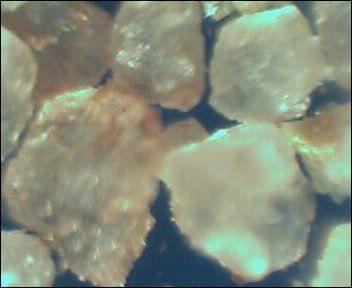 Mikroskopowe zdjęcia różnego rodzaju piasków. Piasek z triasowego piaskowca z Gór Świętokrzyskich. kanciaste ziarna świadczą o krótkim transporcie przez wodę.