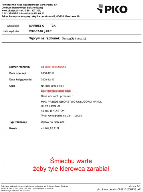 Screen edytowany wyłącznie dla usunięcia danych telekontaktowych...
Tyle właśnie zarabia kierowca w MPO Białystok